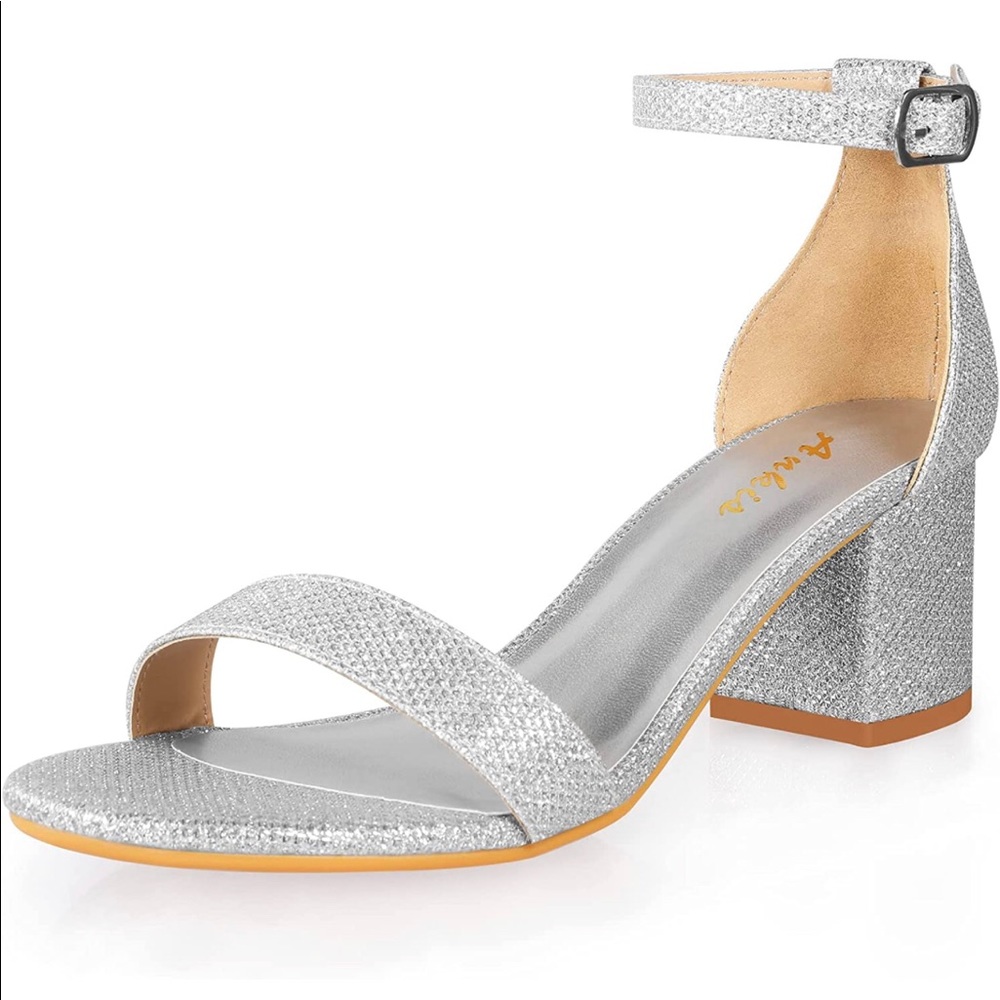 Size 7 Silver Heels Women's Open Toe Ankle Strap Block Chunky Low Heeled Sandal